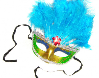 Карнавальная маска, бирюзовая с перьями